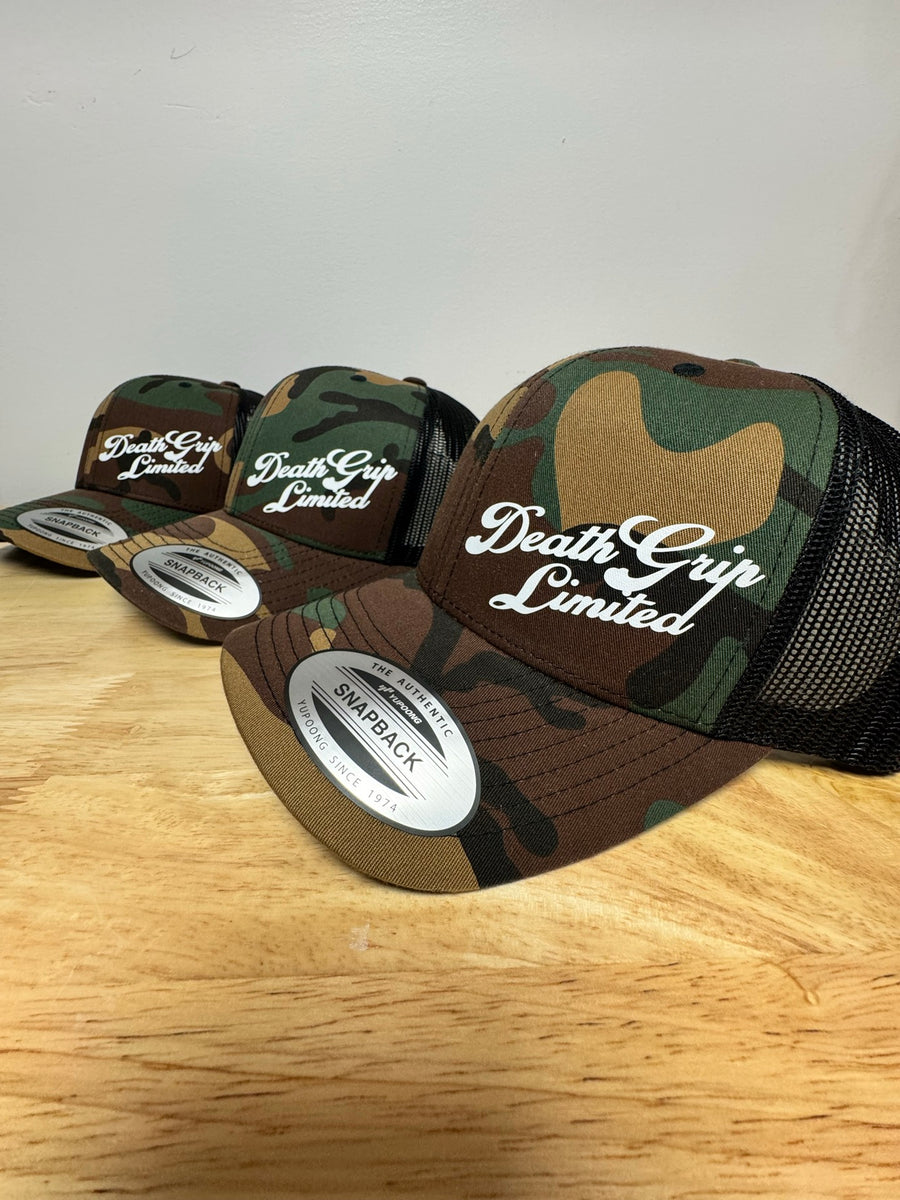 Camouflage custom hats with Death Grip Limited patches