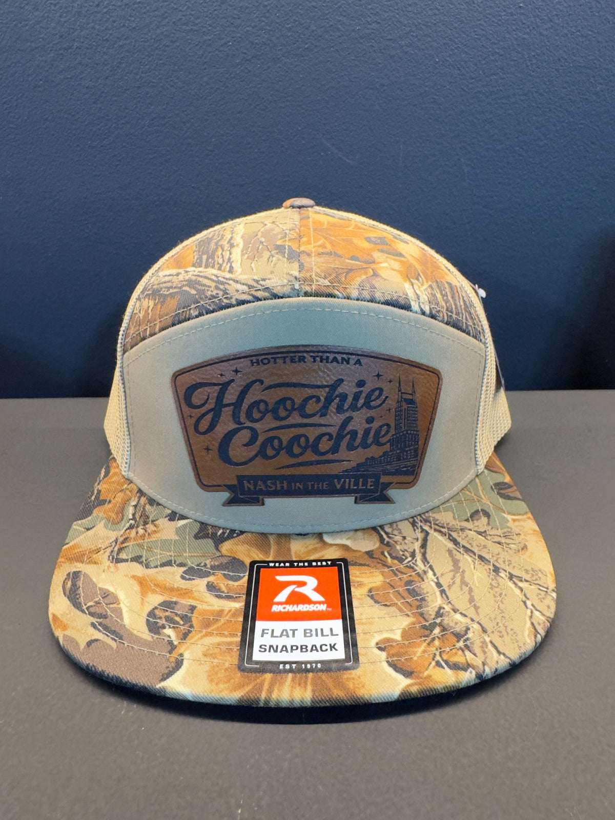 Custom Hoochie Coochie Nash in the Ville camouflage snapback with leather patch by Vaultline Branding