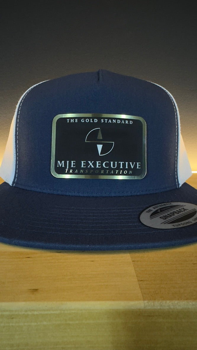 Navy and white MJE Executive Transportation custom patch hat