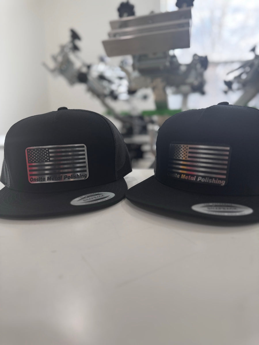 Black custom hats with American flag Onsite Metal Polishing patches