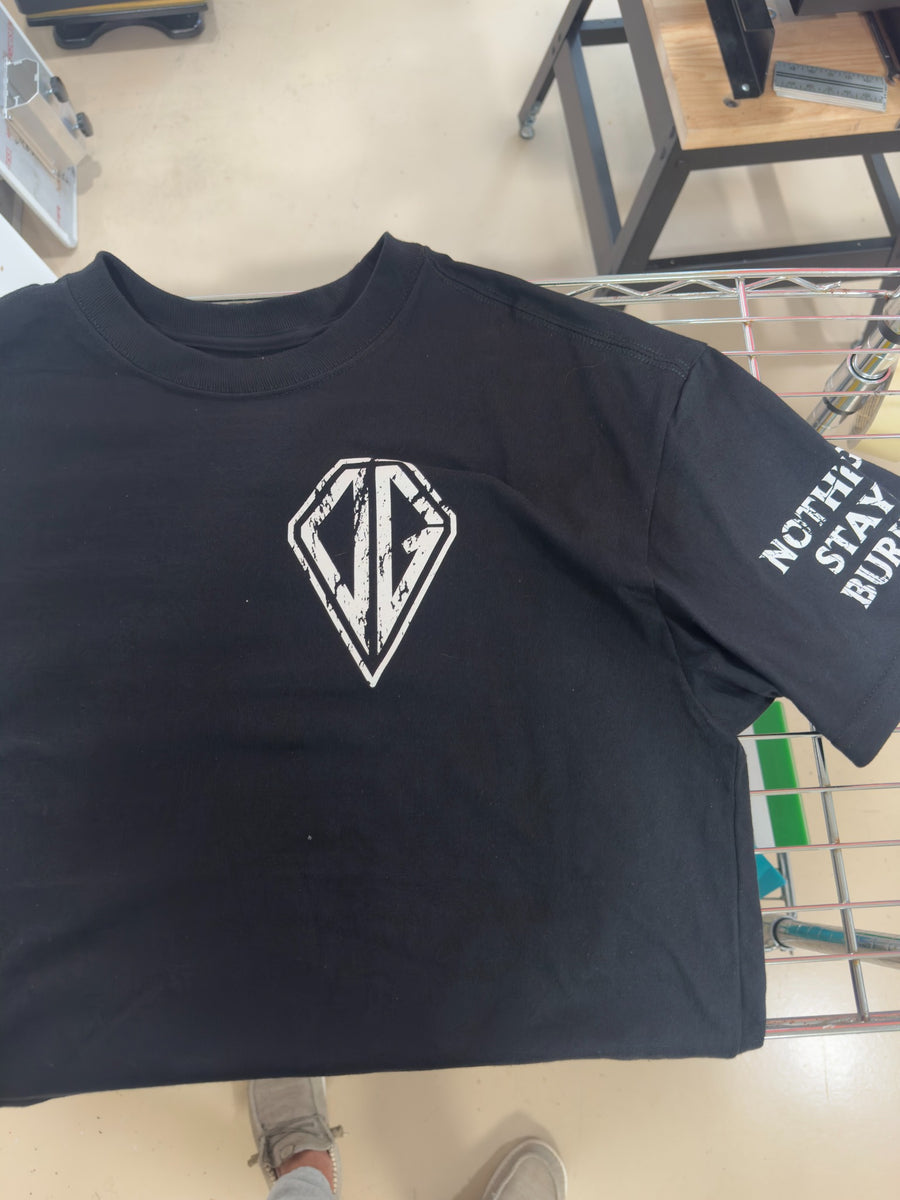 Deathgrip chest and sleeve screen print on black shirt