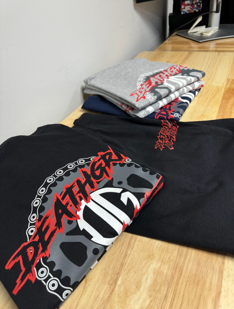 Detailed multicolor Deathgrip sleeve screen prints