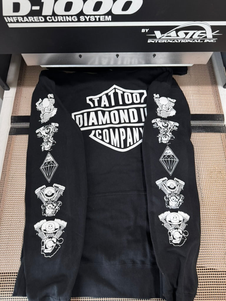 Diamond Ink Tattoo Company sleeve and back screen printed hoodie