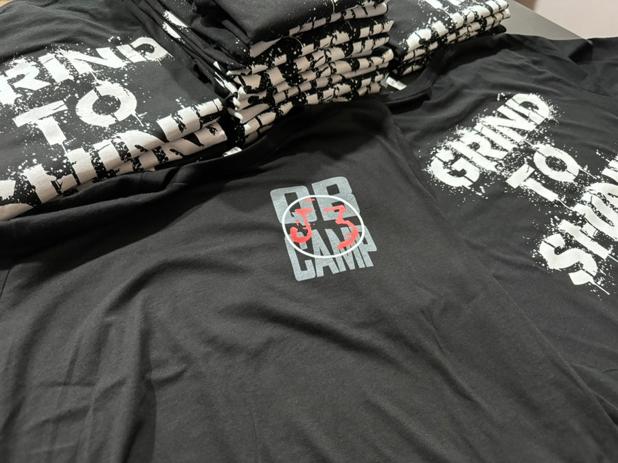 Grind To Shine screen printed shirts with multicolor chest logo and bold back print