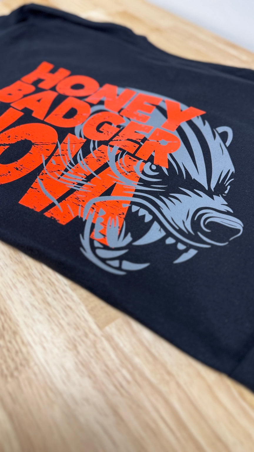 Honey Badger layered multi-color screen print detail