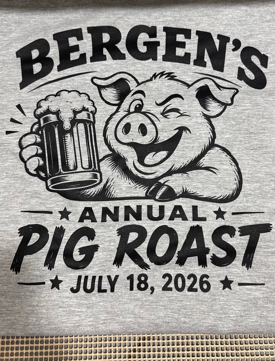 Bergen's annual pig roast one-color screen print