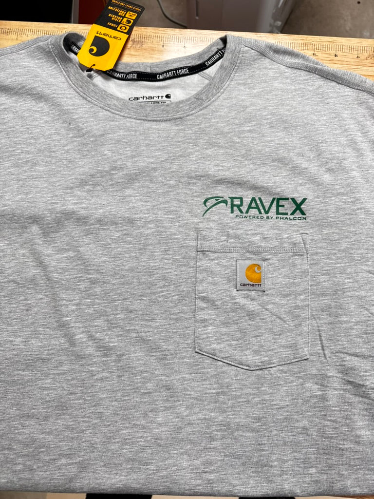 RAVEX logo screen printed on gray Carhartt pocket tee
