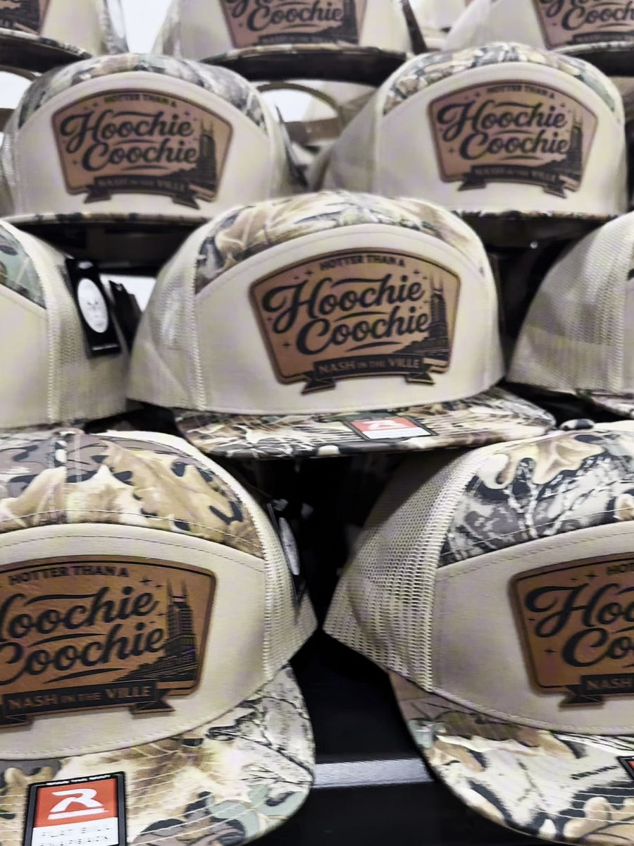 Finished cream and camouflage custom patch hats